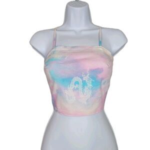 Rue 21 90s Fairy Pastel Goth Tie Dye Dragon Print Lace Up Crop Top Juniors Small